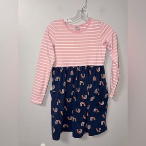 Hanna Andersson pink striped navy rainbow dress long sleeve pockets size 10